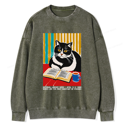 Pagewings Ational Library Week Cat Poster Unisex Washed Sweatshirt