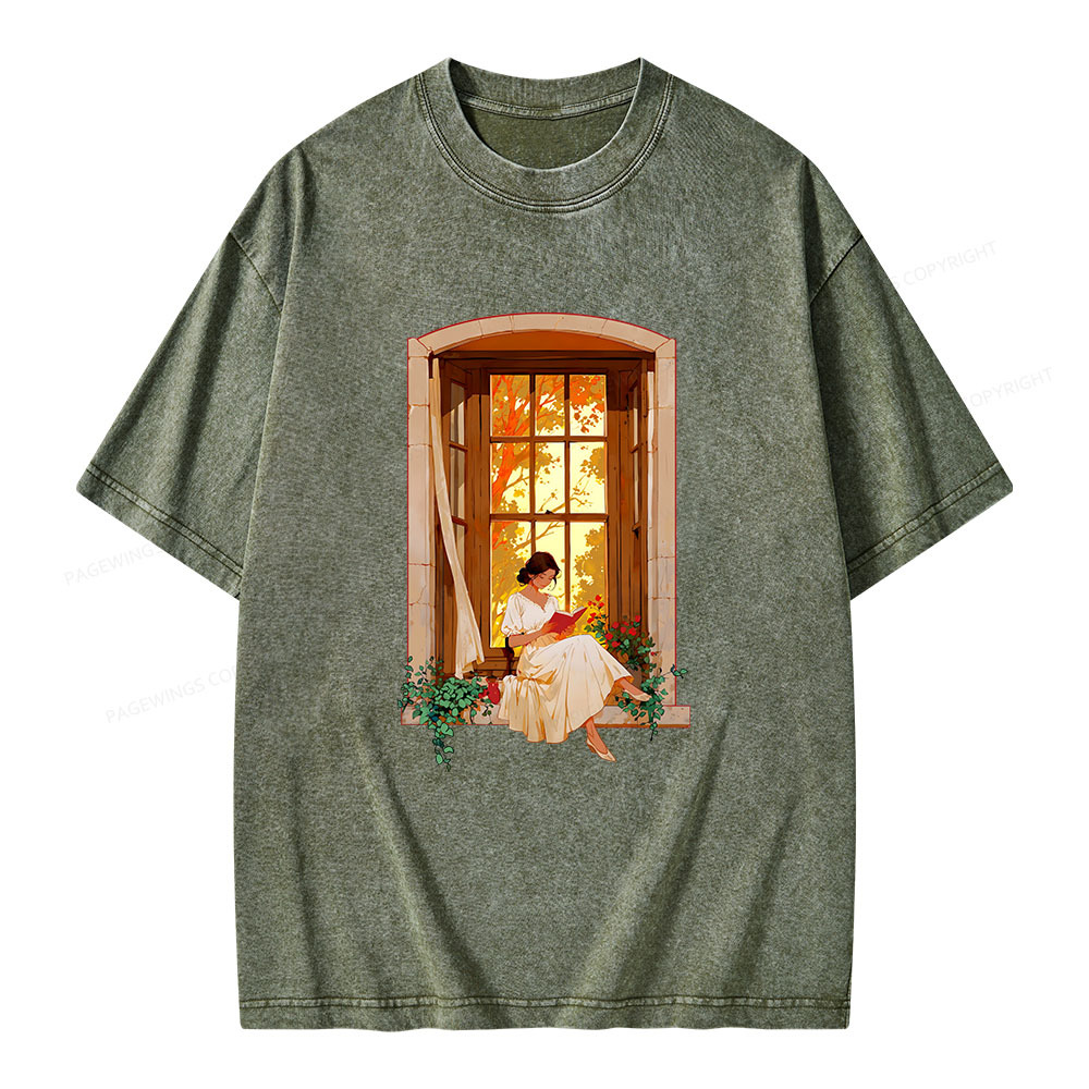 Pagewings Book Lovers Reading By The Window  Unisex Washed T-shirt