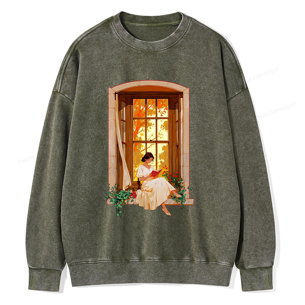 Pagewings Book Lovers Reading By The Window Unisex Washed Sweatshirt