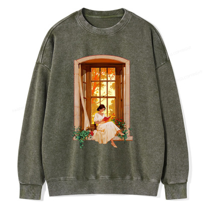 Pagewings Book Lovers Reading By The Window Unisex Washed Sweatshirt