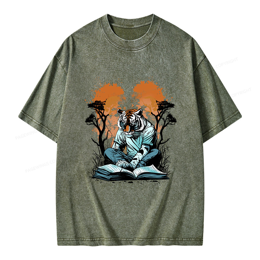 Pagewings Tiger Reading A Book Unisex Washed T-shirt