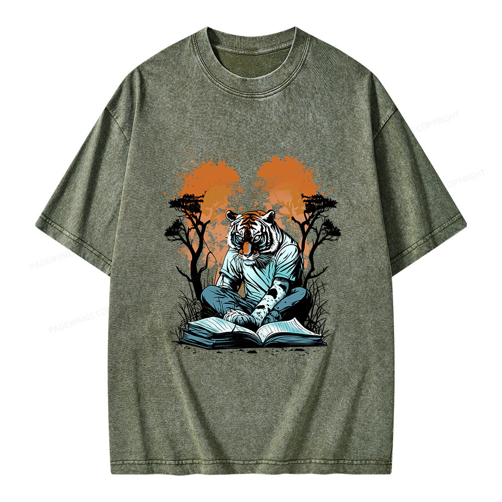 Pagewings Tiger Reading A Book Unisex Washed T-shirt