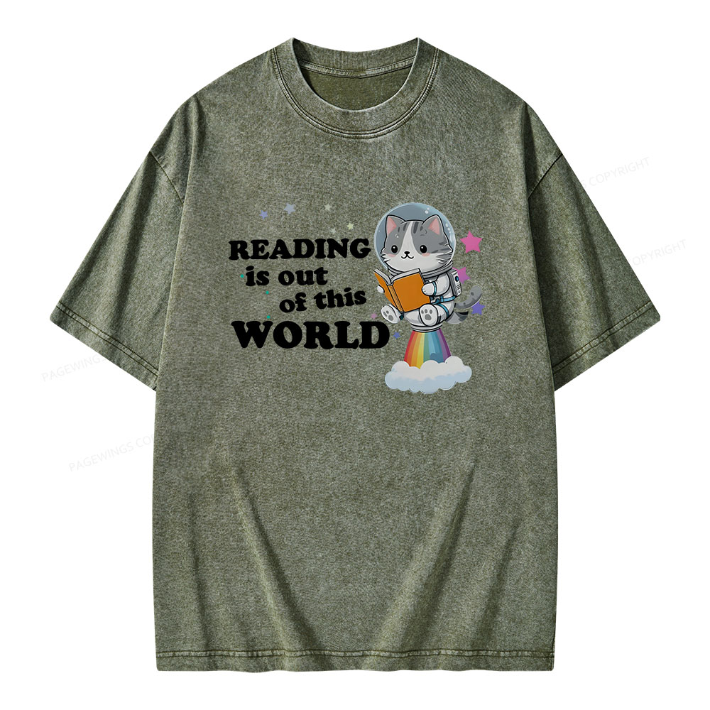 Pagewings Cat Reading in Space Unisex Washed T-shirt