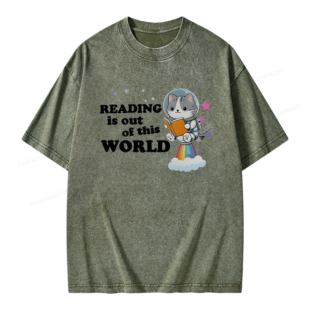 Pagewings Cat Reading in Space Unisex Washed T-shirt