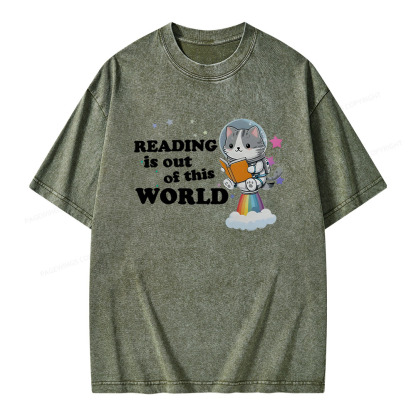 Pagewings Cat Reading in Space Unisex Washed T-shirt