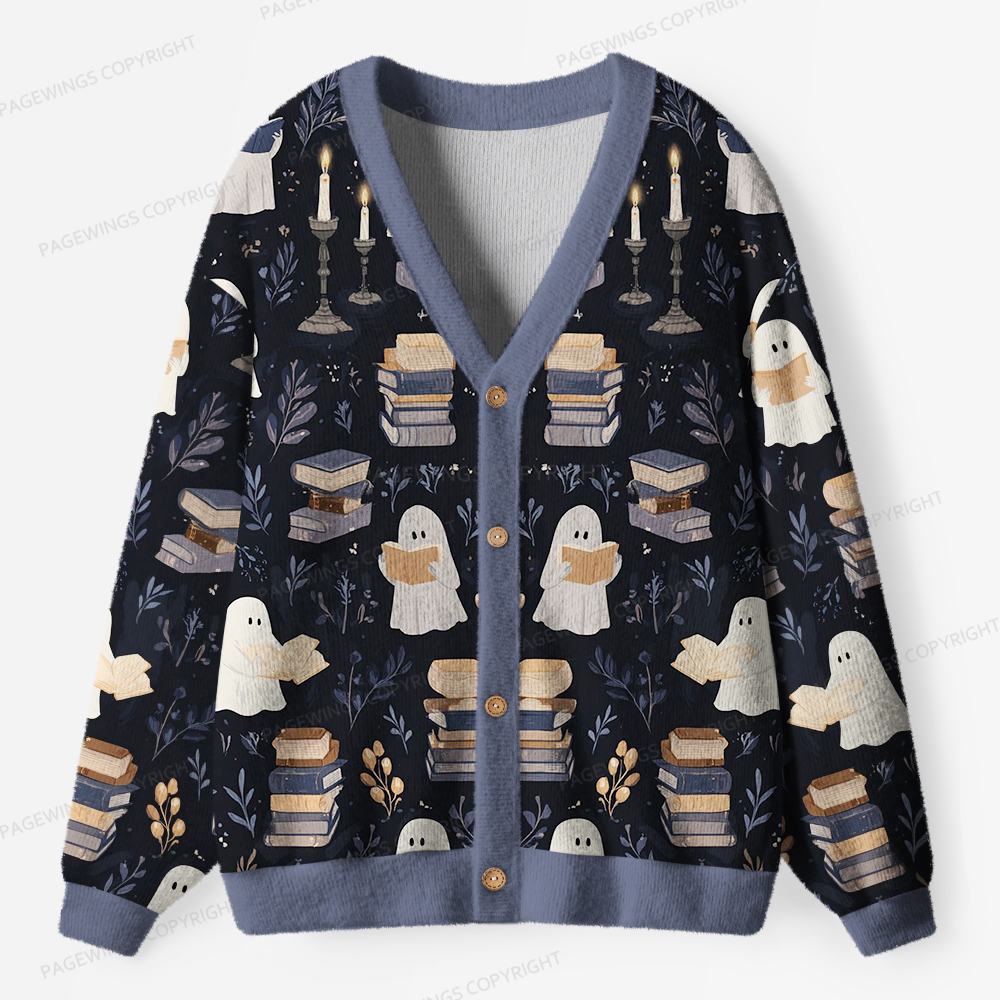 Pagewings Ghost Reading  Unisex Ugly Cardigan Sweaters