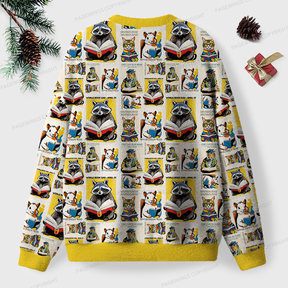 Pagewings Raccoon Reading Unisex Ugly Knit Sweatshirt