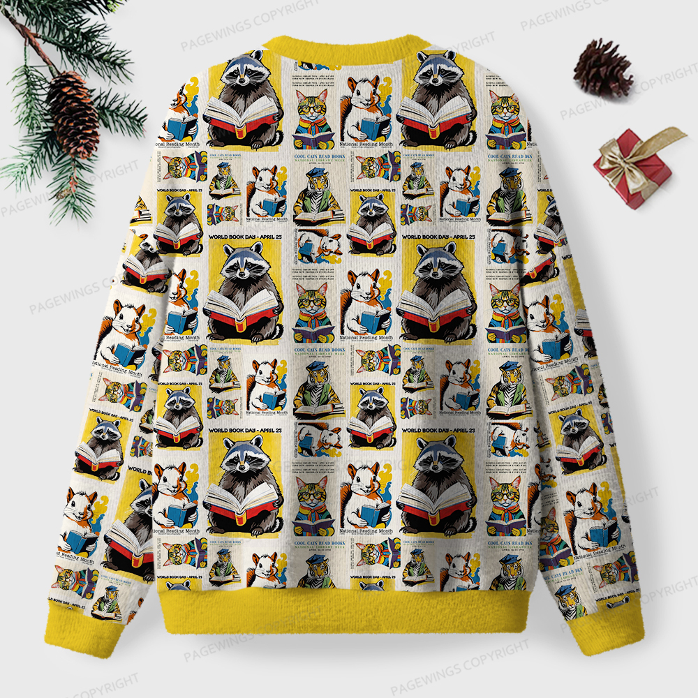 Pagewings Raccoon Reading Unisex Ugly Knit Sweatshirt