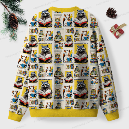 Pagewings Raccoon Reading Unisex Ugly Knit Sweatshirt