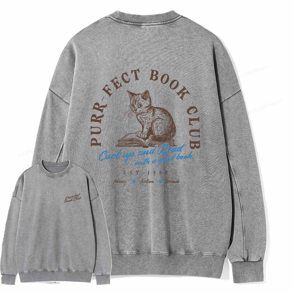 Pagewings  Book Club T-shirt For Cat Lovers Unisex Washed Sweatshirt