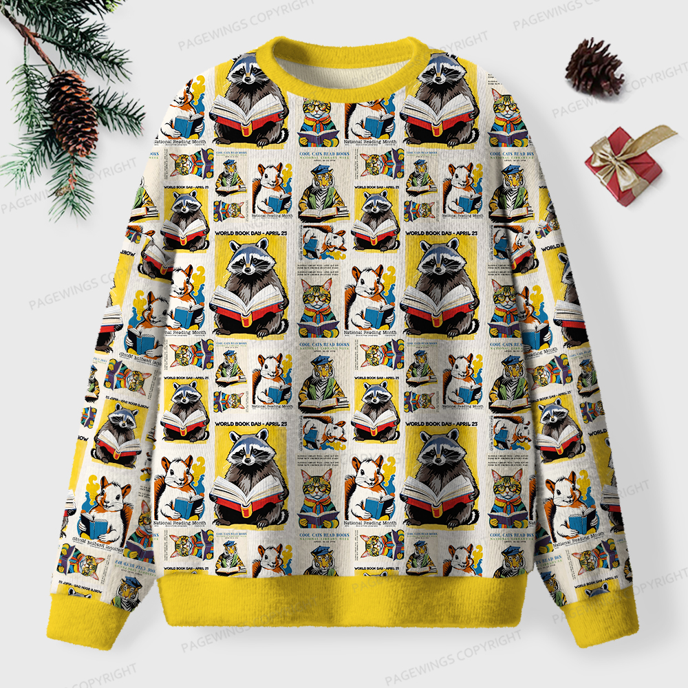 Pagewings Raccoon Reading Unisex Ugly Knit Sweatshirt