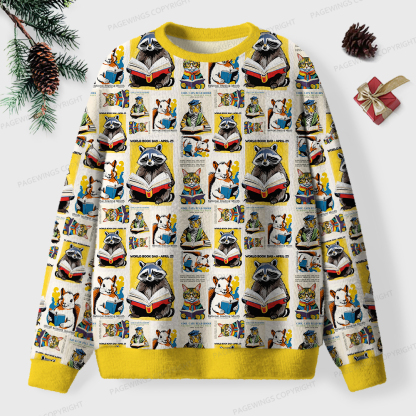 Pagewings Raccoon Reading Unisex Ugly Knit Sweatshirt