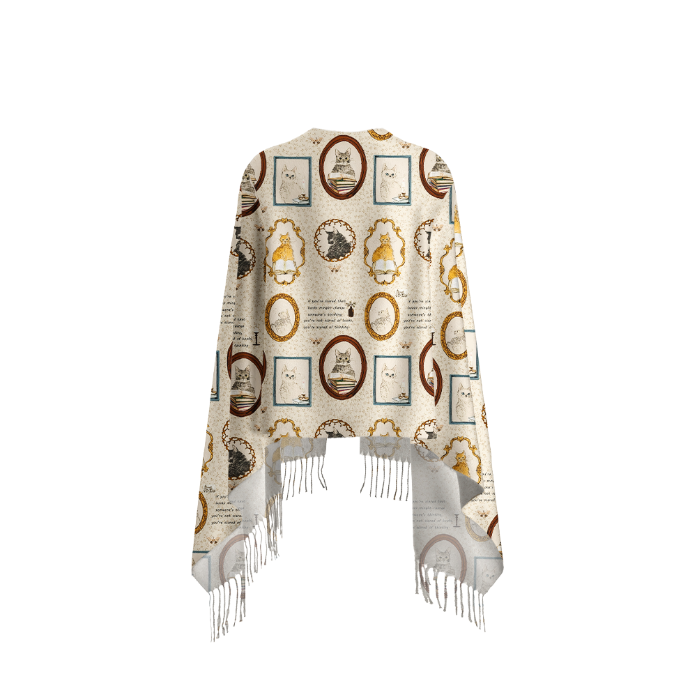 Pagewings Cat Reading  Long Fringe Scarf 