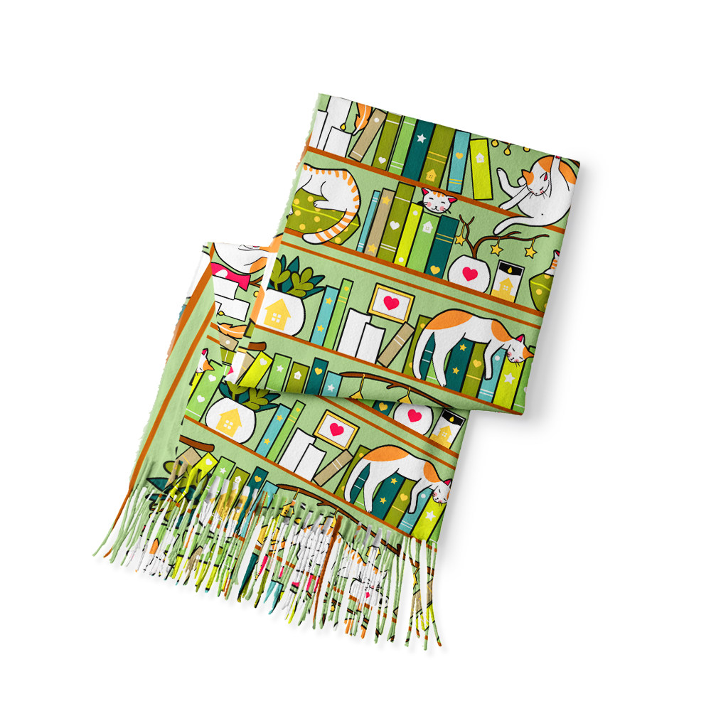 Pagewings Cat Reading Long Fringe Scarf
