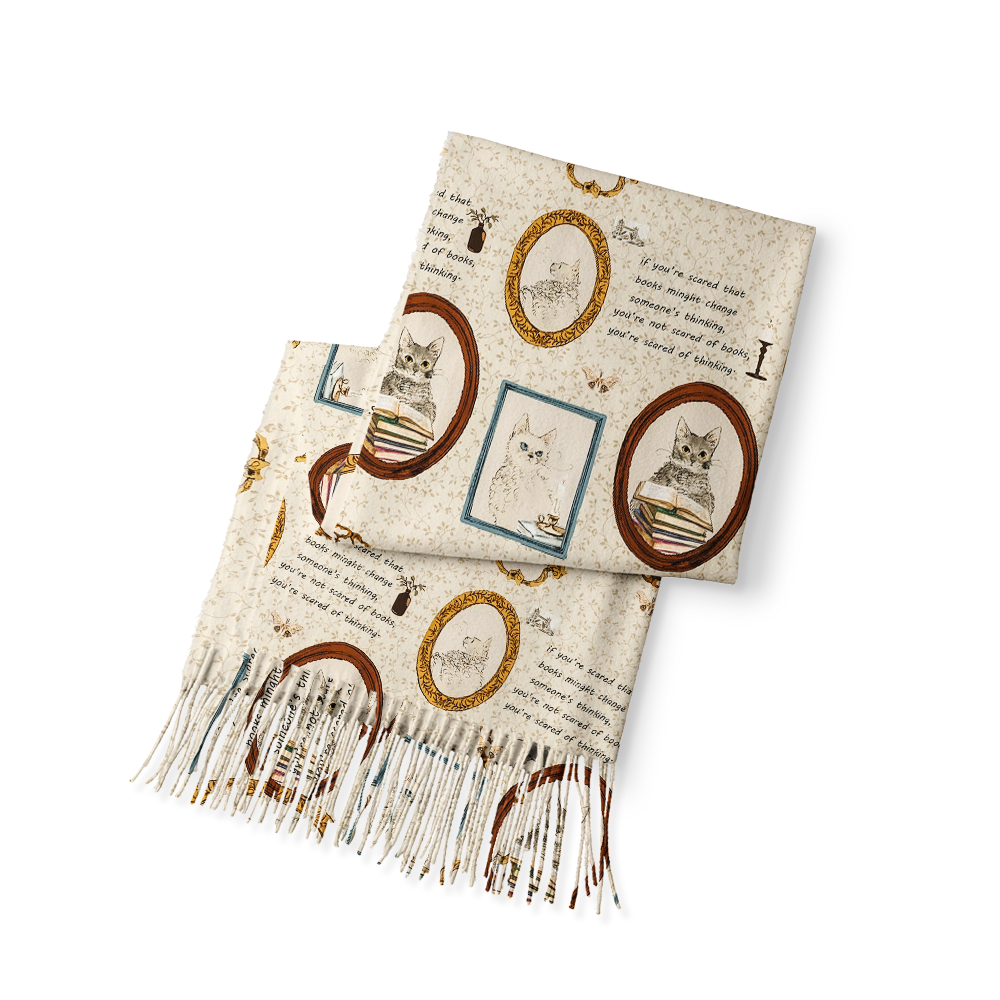 Pagewings Cat Reading  Long Fringe Scarf 