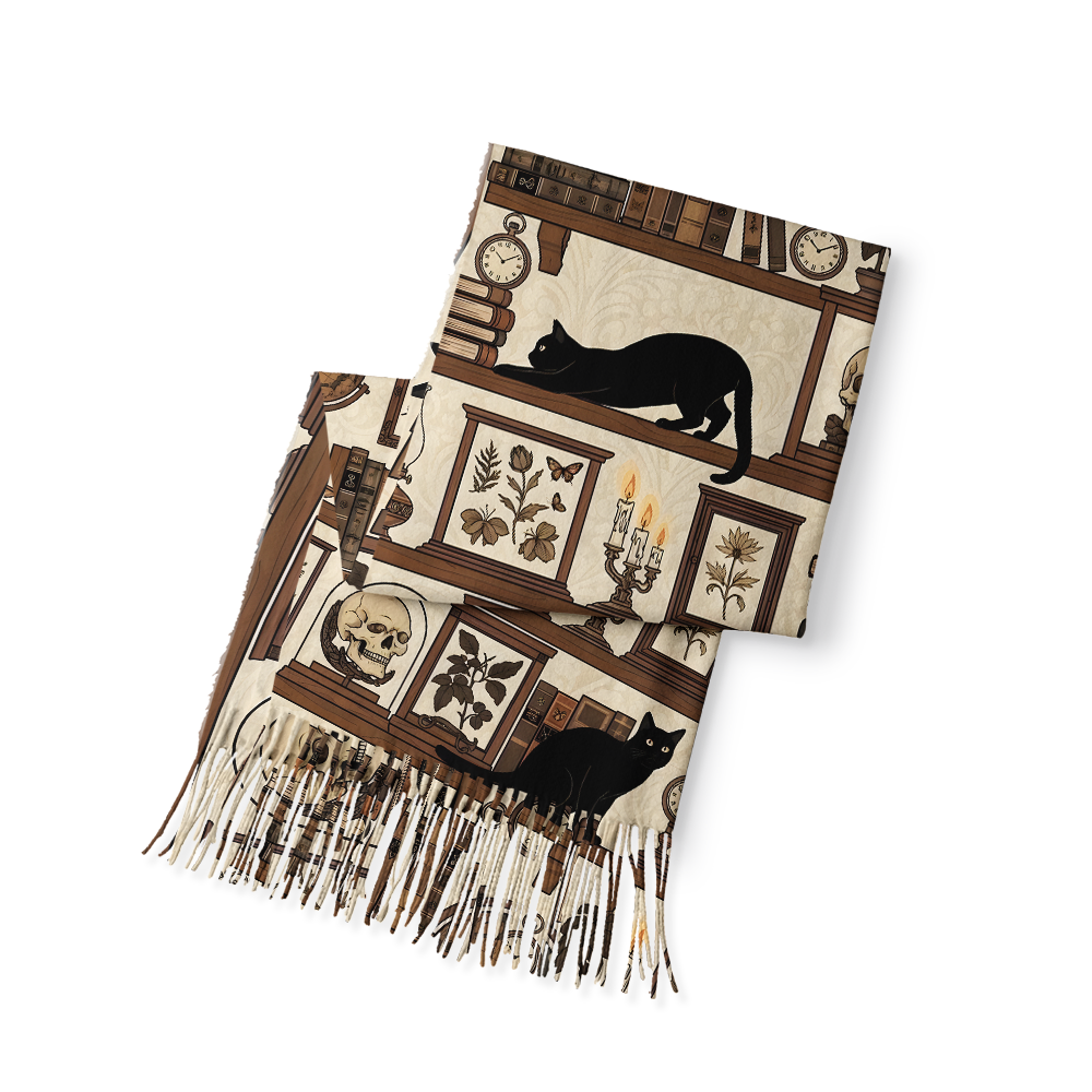 Pagewings Cat Reading Long Fringe Scarf
