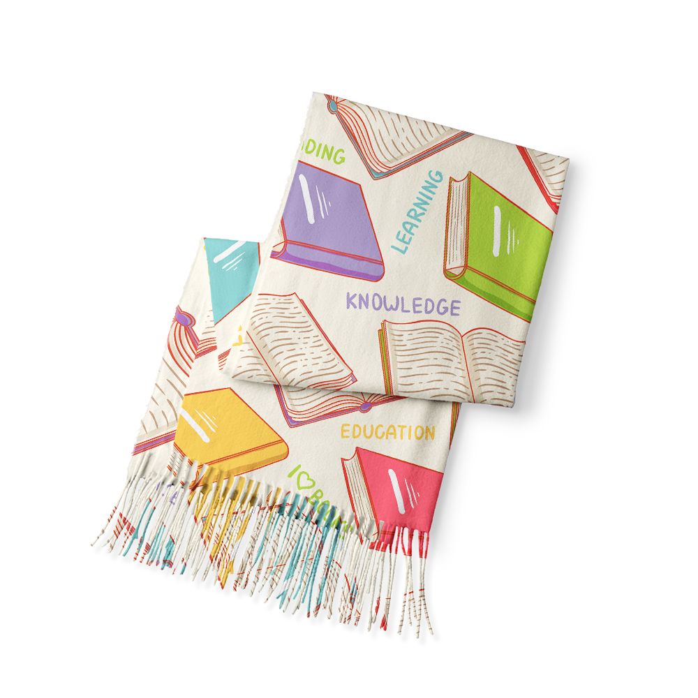 Pagewings Library Stamp Long Fringe Scarf