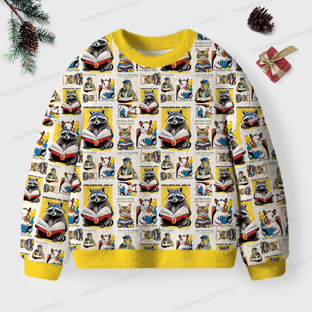 Pagewings Raccoon Reading Unisex Ugly Knit Sweatshirt