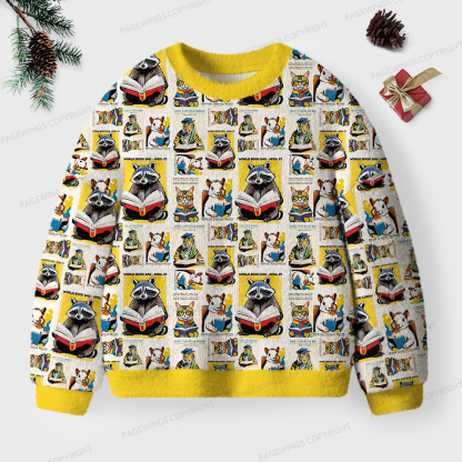 Pagewings Raccoon Reading Unisex Ugly Knit Sweatshirt