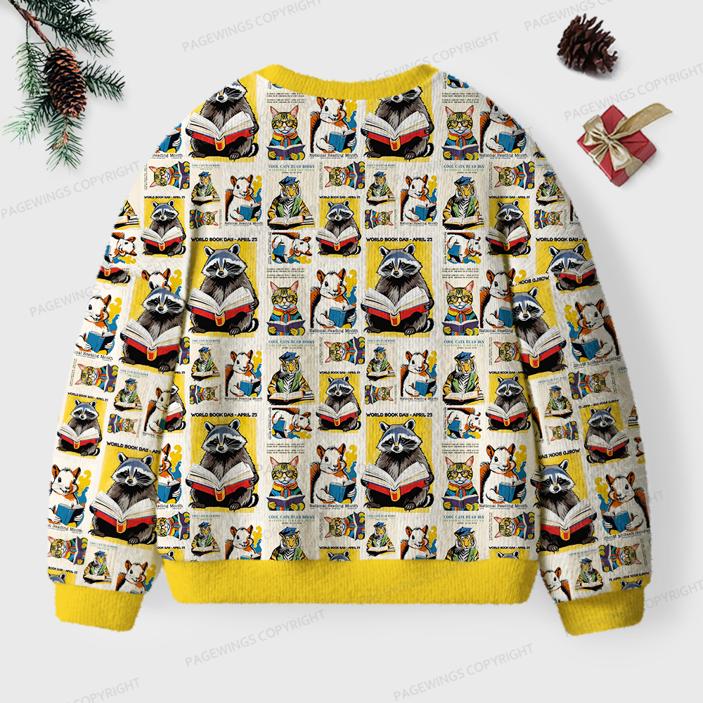 Pagewings Raccoon Reading Unisex Ugly Knit Sweatshirt