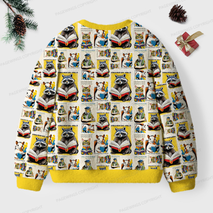 Pagewings Raccoon Reading Unisex Ugly Knit Sweatshirt