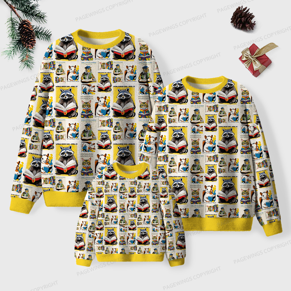 Pagewings Raccoon Reading Unisex Ugly Knit Sweatshirt