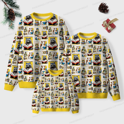 Pagewings Raccoon Reading Unisex Ugly Knit Sweatshirt
