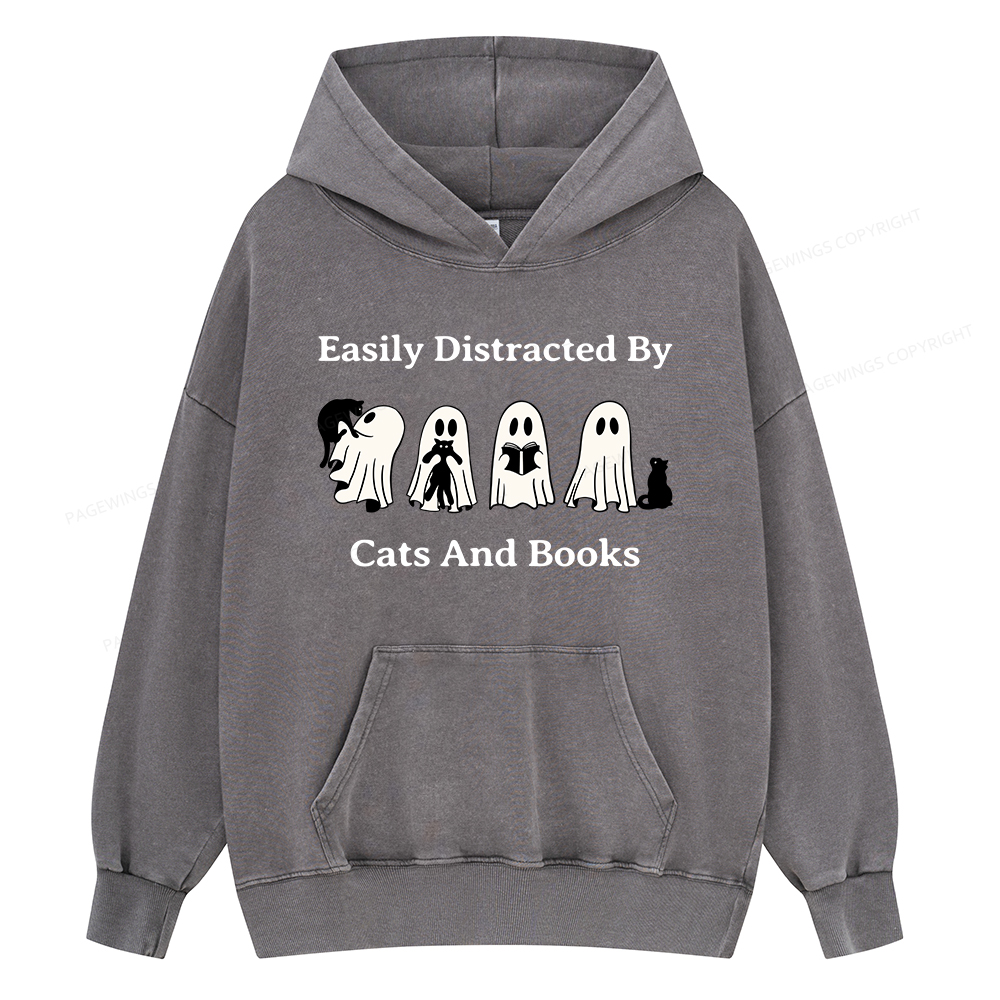 Pagewings Easily Distracted By Cats And Books Unisex Washed Hoodie