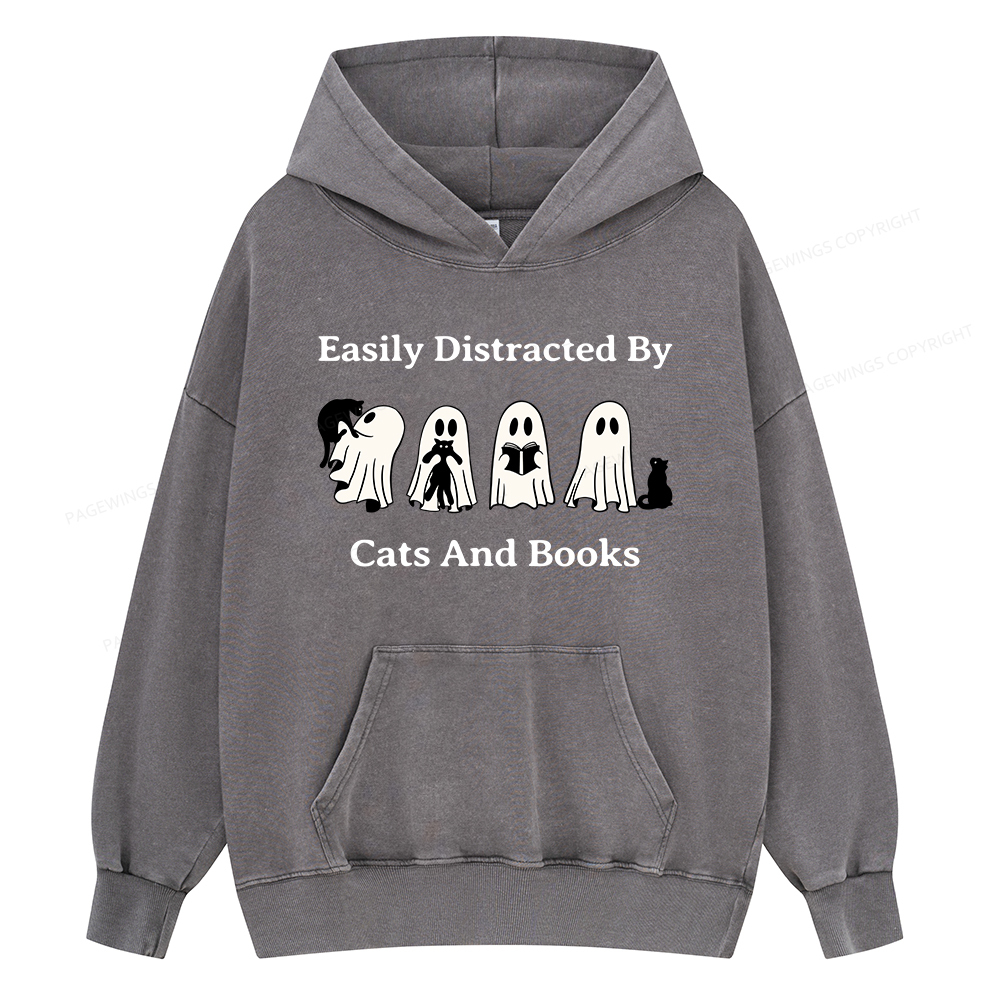 Pagewings Easily Distracted By Cats And Books Unisex Washed Hoodie