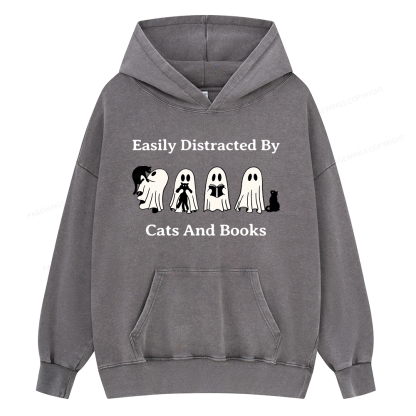 Pagewings Easily Distracted By Cats And Books Unisex Washed Hoodie