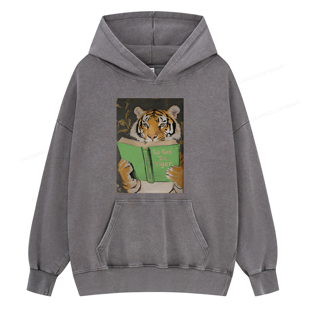Pagewings Motivational Tiger Reading Unisex Washed Hoodie