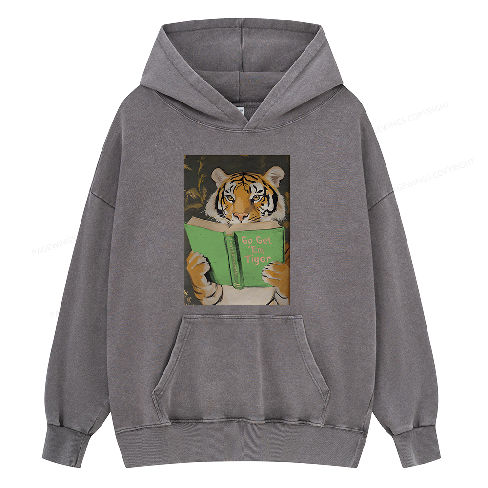 Pagewings Motivational Tiger Reading Unisex Washed Hoodie