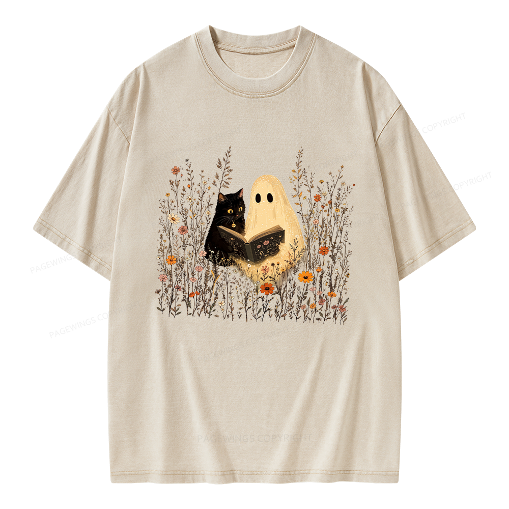 Pagewings Ghost Black Cat Reading Unisex Washed T-shirt