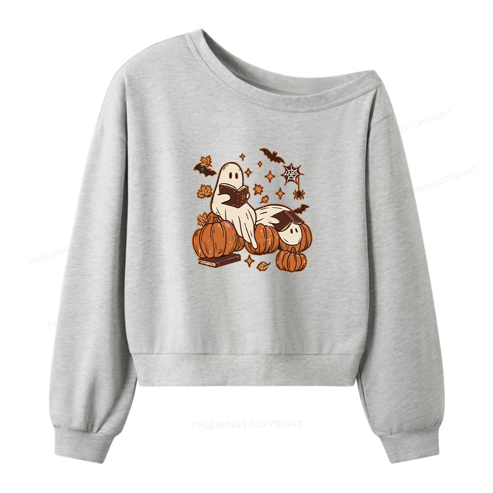 Pagewings Ghost Reading Bookish Women Off Shoulder Sweatshirt