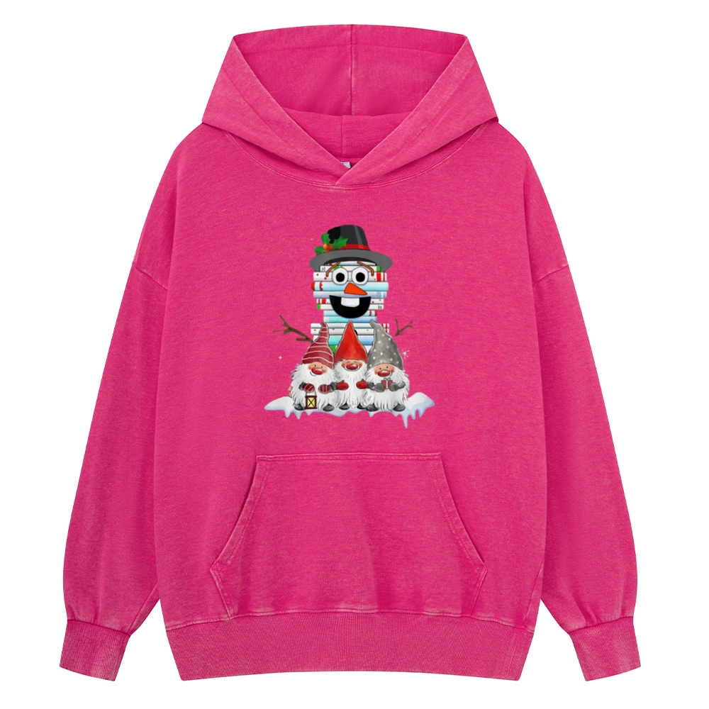 Pagewings Snowman Book Christmas Stack Gnome Librarian Book Unisex Washed Hoodie