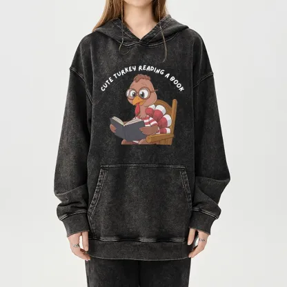Pagewings Thanksgiving Turkey Reading A Book Unisex Washed Hoodie