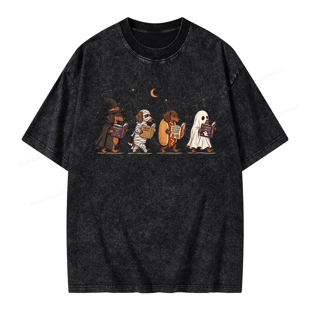 Pagewings Cute Spooky Season Wiener Dog Reading Unisex Washed T-shirt