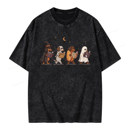 Pagewings Cute Spooky Season Wiener Dog Reading Unisex Washed T-shirt