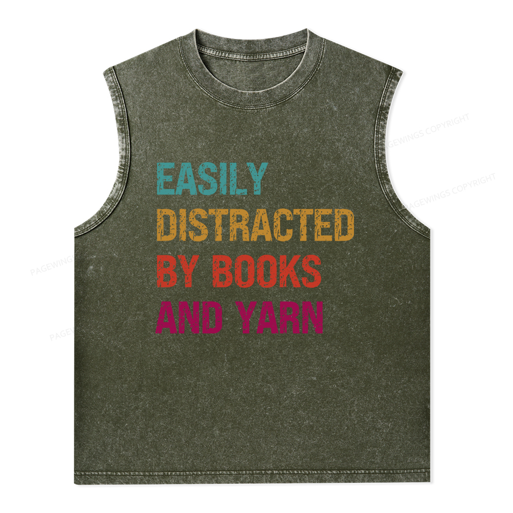Pagewings Easily Distracted By Books And Yarn Unisex Washed Tank Top