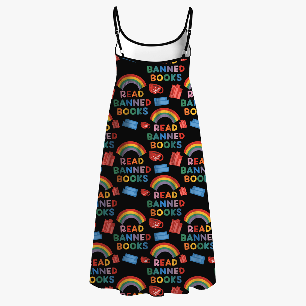 Pagewings Read Banned Books Rainbow Reading Month  Printed Spaghetti Strap Midi Sundress