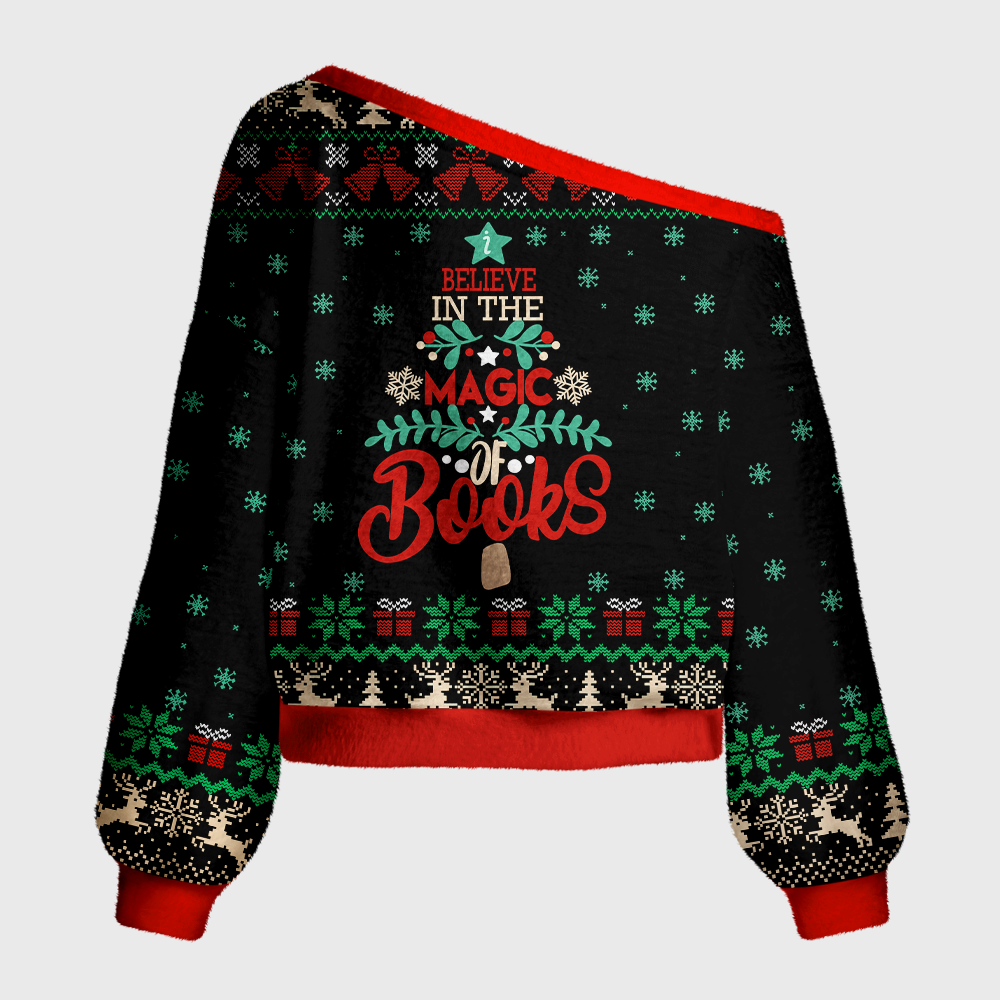 Pagewings Believe In The Magic Of Books Off Shoulder Ugly Knit Sweater