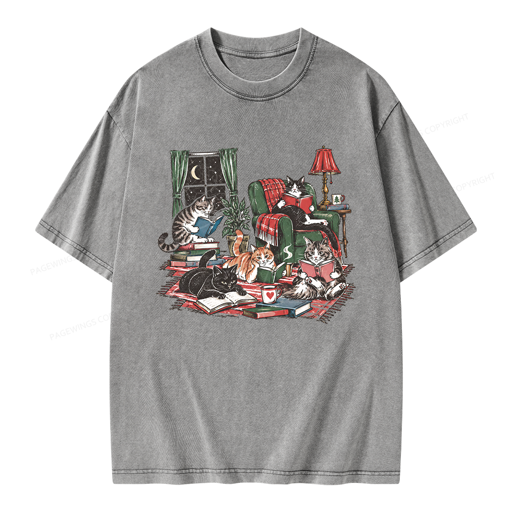 Pagewings Cats Reading Books Unisex Washed T-shirt