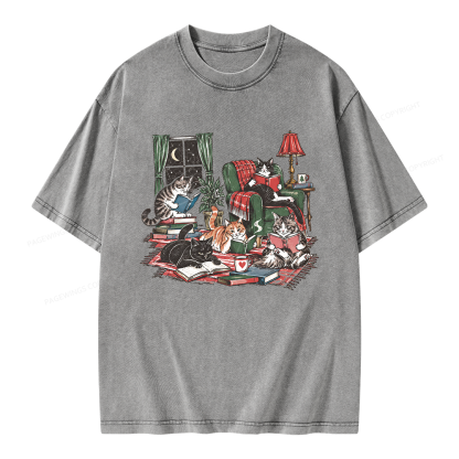 Pagewings Cats Reading Books Unisex Washed T-shirt