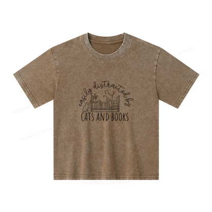 Pagewings Cute Cats And Books Unisex Kids Washed T-shirt