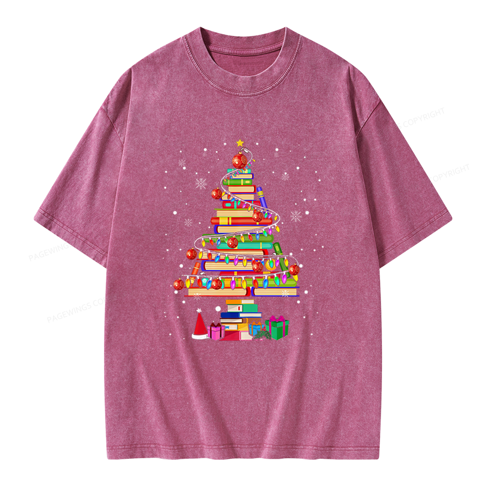 Pagewings Merry Christmas Library Tree Unisex Washed T-shirt