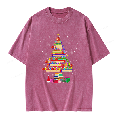 Pagewings Merry Christmas Library Tree Unisex Washed T-shirt