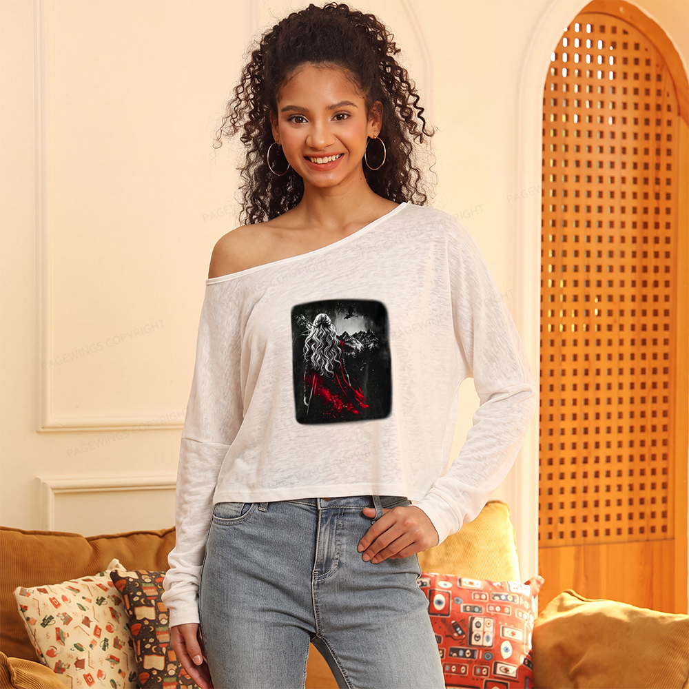 Pagewings Fantasy Bookish Slouchy Long Sleeve Off Shoulder T-shirt