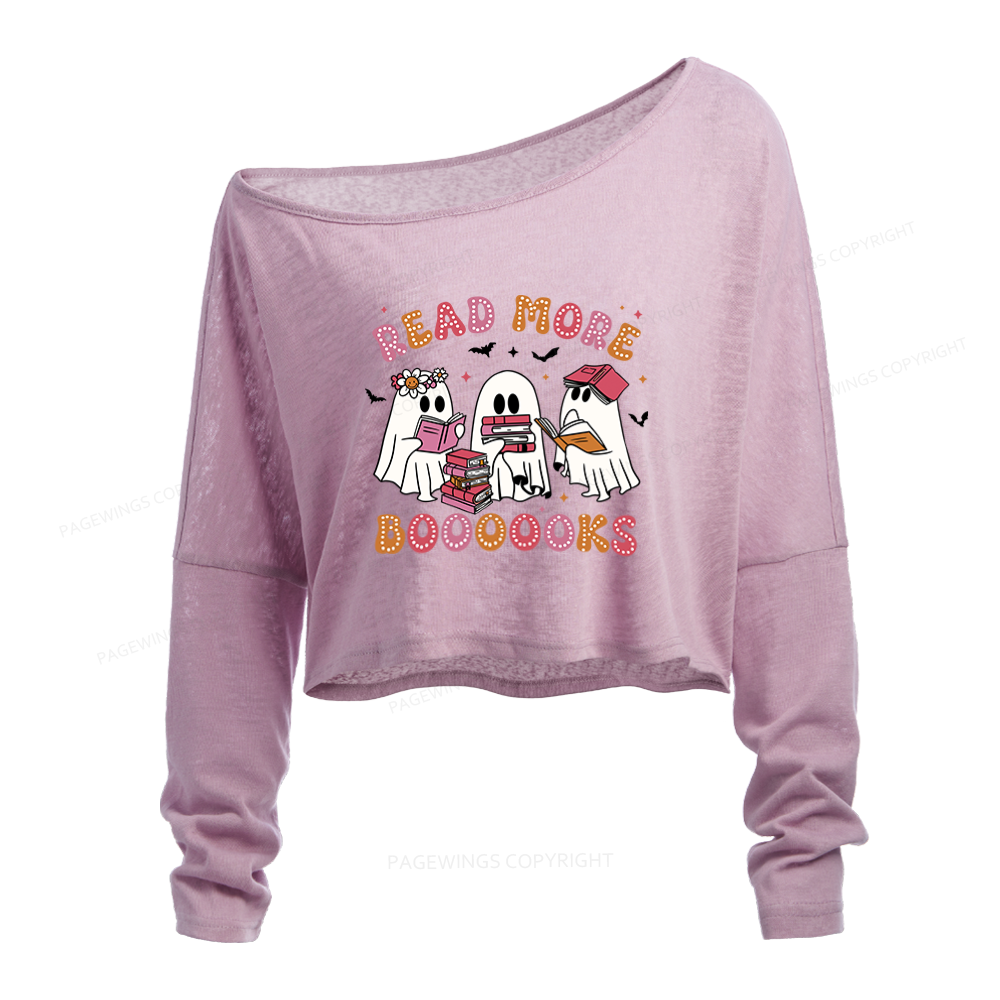 Pagewings Cute Ghost Book Read More Books Slouchy Long Sleeve Off Shoulder T-shirt