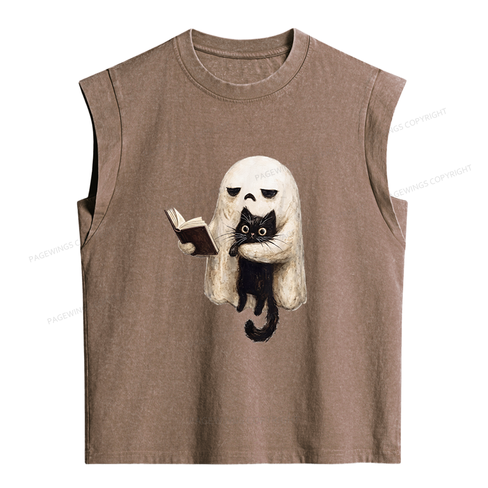 Pagewings Ghost Cat Women's Washed Tank Top