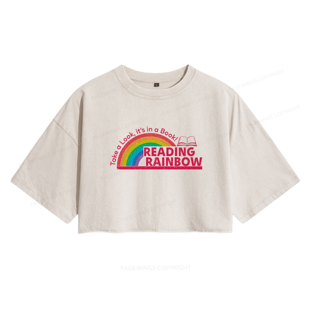 Pagewings Reading With Rainbow Women's Washed Cropped T-shirt